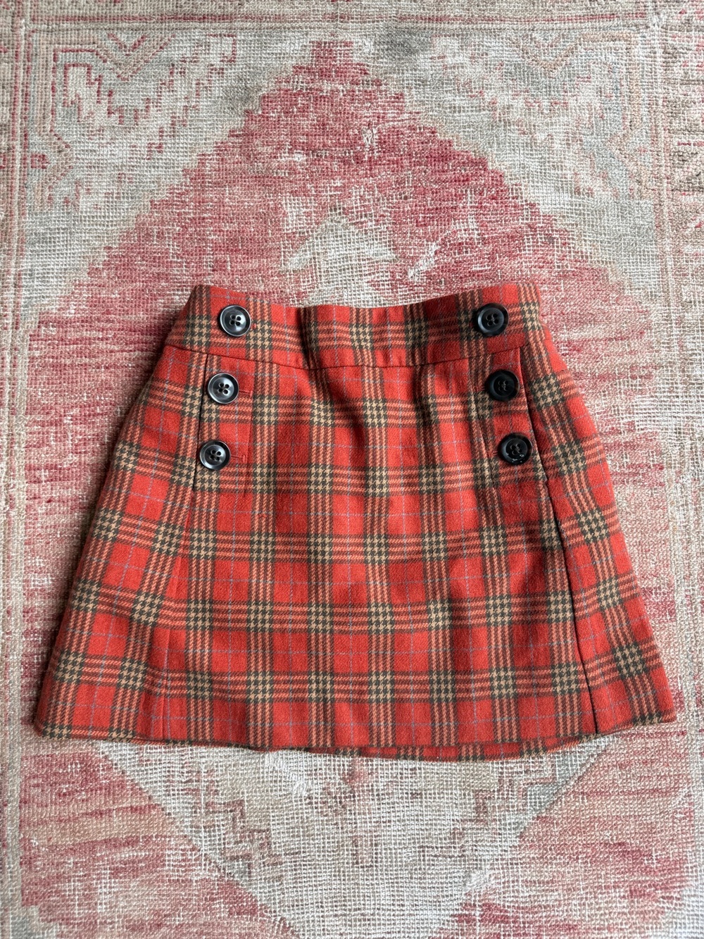 Fall Cottagecore GAP Orange-Red Plaid Mini Skirt with Button Accents
